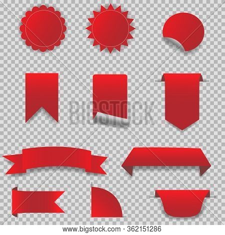 Set Of Realistic Red Blank Tags Or Badges In Different Shapes With Shadow Isolated On Background. Ri