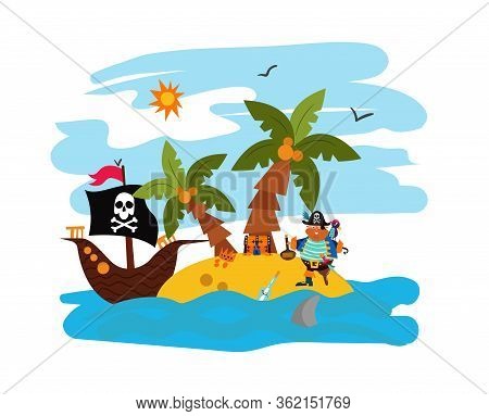 Pirate, Parrot Deserted Island, Raider Boat With Sea Character Bandit Flag, Isolated On White, Flat 
