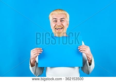 Man Holding Blank Card. Blank, Empty Paper, Billboard With Copy Space For Text