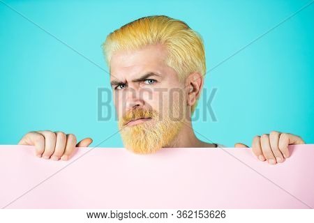 Man Holding Card, Man With Banner, Isolated Blue Background, Man Showing Empty Card