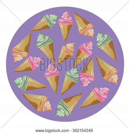 Assorted Ice Cream Cones Placed On The Circle Shape. Vector Illustration.