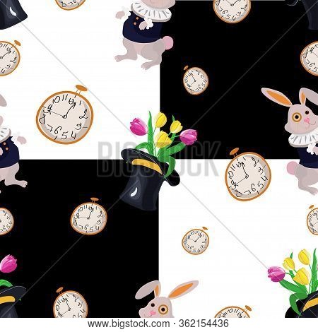 Chessboard Seamless Pattern With Rabbit, Stovepipe Hat, Tulips And Clock Inspired By Alice In Wonder