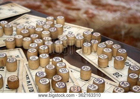 Lotto Game. Wooden Kegs With Cards For Playing Lotto.
Spending Free Time During Quarantine And Self 