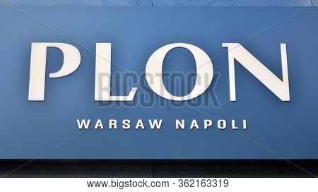 Warsaw, Poland. 20 April 2020. Sign Plon. Company Signboard Plon