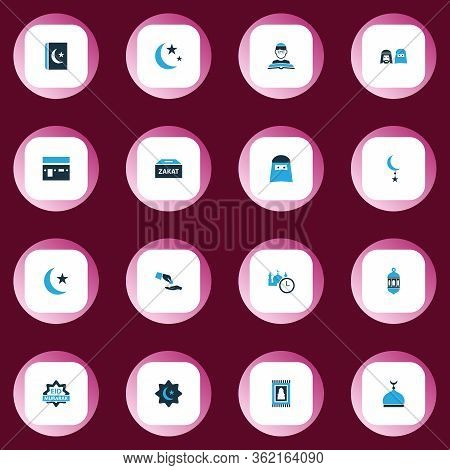 Ramadan Icons Colored Set With Woman, Zakat, Moon And Other Zakat Elements. Isolated Vector Illustra