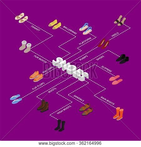 Shoes Concept 3d Infographics Isometric View Include Of Sneaker, Sandal, Slipper, Loafer, Ballet And