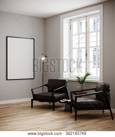 Mock Up Poster Frame In Modern Interior Background, Living Room, Scandinavian Style, 3D Render, 3D I