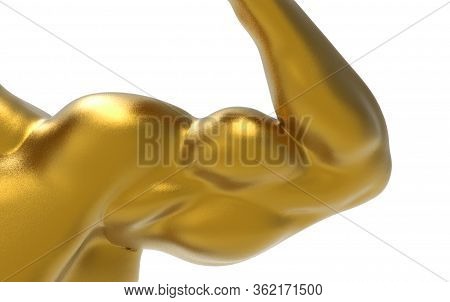 3d Rendering. Golden Muscle Body Building Arm With Clipping Path Isolated On White Background.