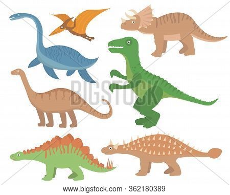 Dinosaurs Flat Icon Set, Cartoon Style. Collection Of Objects With Pterosaur, Stegosaurus, Tricerato
