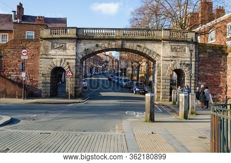 Chester, Uk: Mar 1, 2020: Thebridgegate Of Chester Forms Part Of The Historic Roman City Walls.