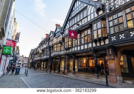 Chester, Uk: Mar 1, 2020: A General Street Scene Of Northgate Street At Early Evening With Few Shopp