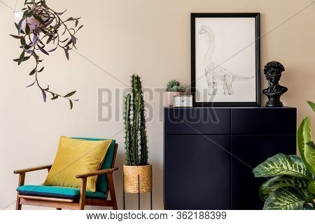 Interior Design Of Retro Modern Living Room With Stylish Blue Navy Commode, Cacti, Plant, Design Arm