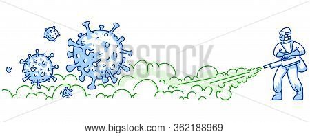 Worker Disinfects Streets With Steam Disinfector Hand Drawn Art. Antiseptic Spray Against Corona Vir