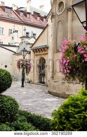 Cozy Yard In Ancient Part Of Lvov, Ukraine. Ancinet Buildings, Landmark, No People. Concept Of Histo