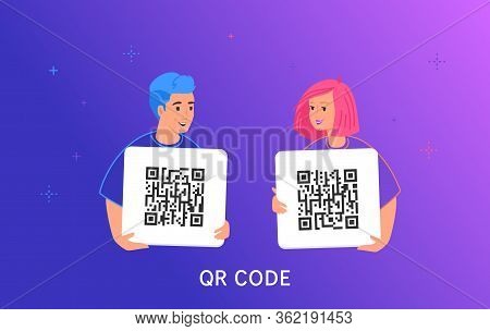 Qr Code Scanning By Smartphone. Gradient Vector Illustration Of Smiling Teenage Friends Holding A Ca
