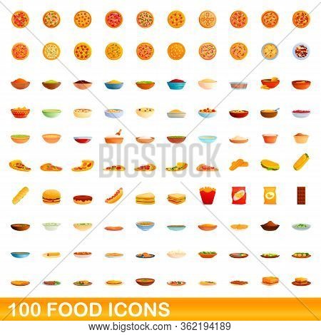 100 Food Icons Set. Cartoon Illustration Of 100 Food Icons Vector Set Isolated On White Background