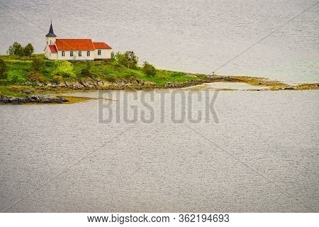 Fjord Landscape With Sildpollnes Chapel, Lofoten Islands, Sildpollneset Peninsula On Of Austvagoya, 