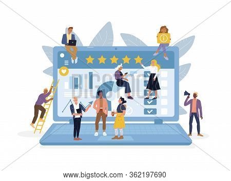 Men, Women Sitting, Climbing Up Ladder, Speaking Megaphone, Communicating, Standing Around Big Lapto