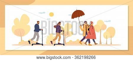 Active Autumn Season People Walk In Natural Park. Multiethnic Married Family Couple Going By Foot Un