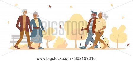 Old Mature People Couple Walking In Autumn Park. Aged Married Man Woman Doing Sport Nordic Walk. Fas