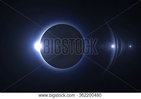 Solar Eclipse In Blue Toned. Solar Eclipse, Mysterious Natural Phenomenon When Moon Passes Between P