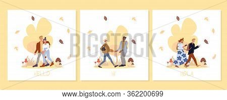 Young People In Forest On Greeting Creative Card Set. Girlfriend Boyfriend Couple Meeting. Man Woman