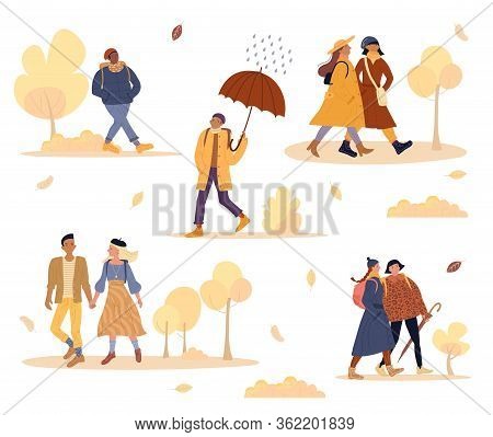 Friends, Couple Outdoor Walk In Autumn Park. Girlfriend Boyfriend On Date. Student Hurry To Study. O