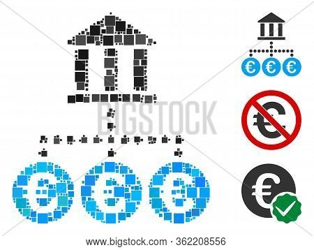 Mosaic Euro Bank Transactions Icon Composed Of Square Elements In Random Sizes And Color Hues. Vecto