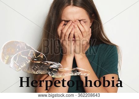 Double Exposure Of Scared Young Woman Suffering From Herpetophobia On Light Background. Fear Or Aver