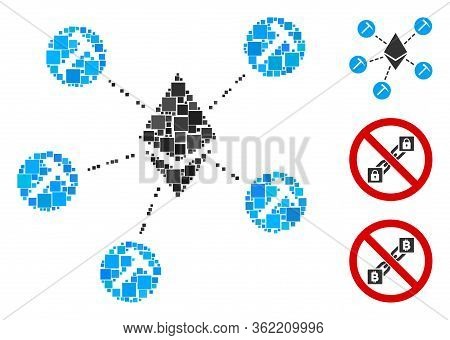 Mosaic Ethereum Mining Pool Icon United From Square Items In Variable Sizes And Color Hues. Vector S