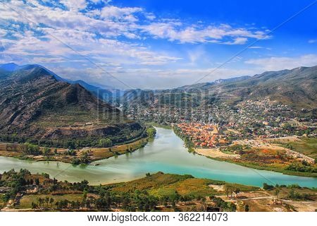 View Of The Merger Of Two Rivers Kura Or Mtkvari And Aragvi Into One. The Ancient Capital Of Georgia