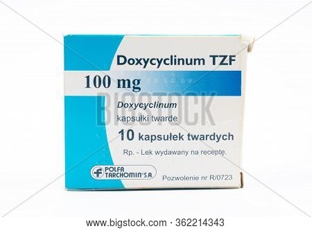 Tbilisi, Georgia- April 18, 2020: Doxyciclin Antibiotics Medicine Closeup