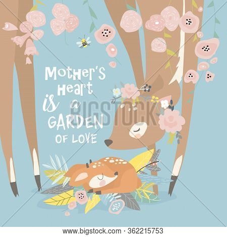Cartoon Deer Family. Mother And Baby. Cute Animals For Mothers Day. Animals Mom And Baby.