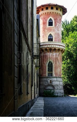 Pinerolo, Italy - June 25, 2017: The Castle Of Miradolo, Ancient Neo-gothic Palace In San Secondo Of