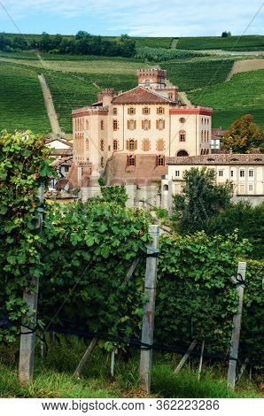 Panorama Of Barolo (piedmont, Italy) With The Town, The Medieval Castle And The Vineyards. Barolo Is