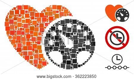 Mosaic Blood Pressure Meter Icon Composed Of Square Items In Variable Sizes And Color Hues. Vector S