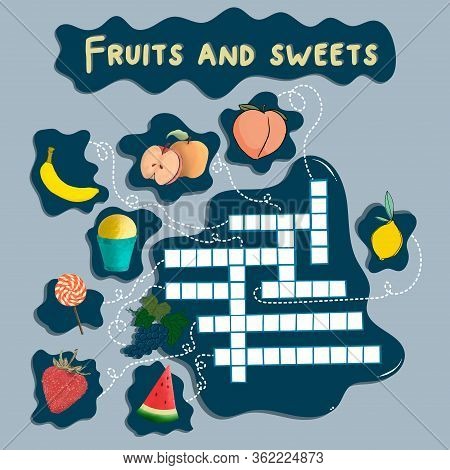Fruits And Sweets Crossword. Kids Words Search Puzzle Game With Strawberry And Grape, Banana And App