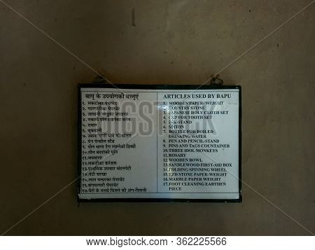 2nd October 2019, Sevagram, India-a Sign Board Mentioning Articles Used By Gandhi Ji At Sevagram Ash