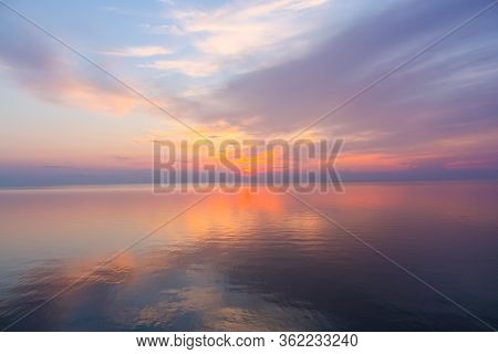 Inspirational Calm Sea With Sunset Sky. Meditation Ocean And Sky Background. Colorful Horizon Over T
