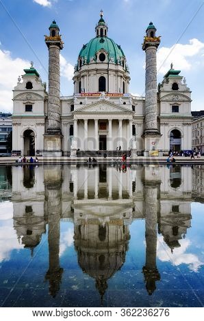 Vienna, Austria - May 17, 2017: The Facade Of The Karlskirche (saint Charles Church) In Vienna, Aust