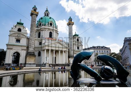 Vienna, Austria - May 17, 2017: The Facade Of The Karlskirche (saint Charles Church) In Vienna, Aust