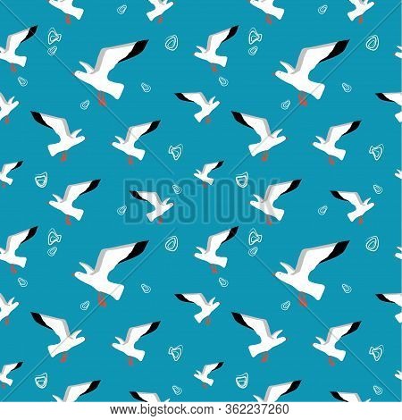 Seamless Pattern: Seagulls And Doodles On A Blue Background.