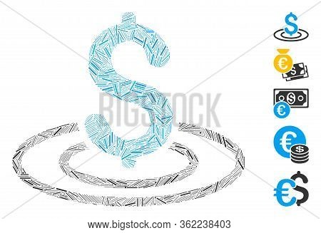Hatch Mosaic Money Area Icon Composed Of Straight Elements In Different Sizes And Color Hues. Vector