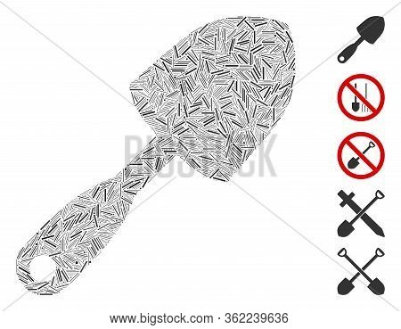 Hatch Mosaic Scoop Shovel Icon Composed Of Thin Items In Different Sizes And Color Hues. Vector Hatc