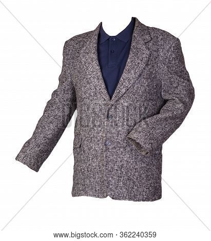 Gtay Jacket With Buttons And A Dark Blue T-shirt With A Collar And Buttons Isolated On A White Backg