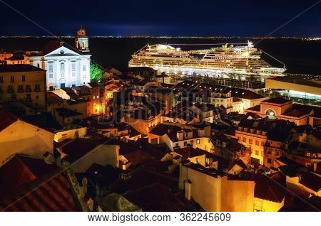 Lisbon, Portugal - January 30, 2019: Night View Of Lisbon (portugal) Cruise Ships Port From The Mira