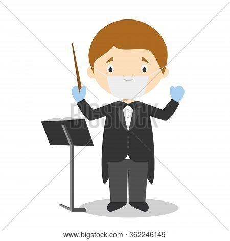 Cute Cartoon Vector Illustration Of An Orchestra Director With Surgical Mask And Latex Gloves As Pro