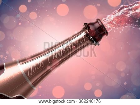 An Opening Bottle Of Champagne With The Words With Compliments And Liquid Pouring Out On A Glitsy Bo