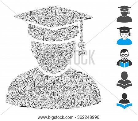 Line Collage Knowledge Man Icon United From Thin Elements In Different Sizes And Color Hues. Vector 