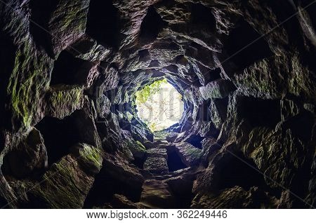 Sintra, Portugal - February 5 2019: The Famous Unfinished Initiation Well Of The Quinta Da Regaleira
